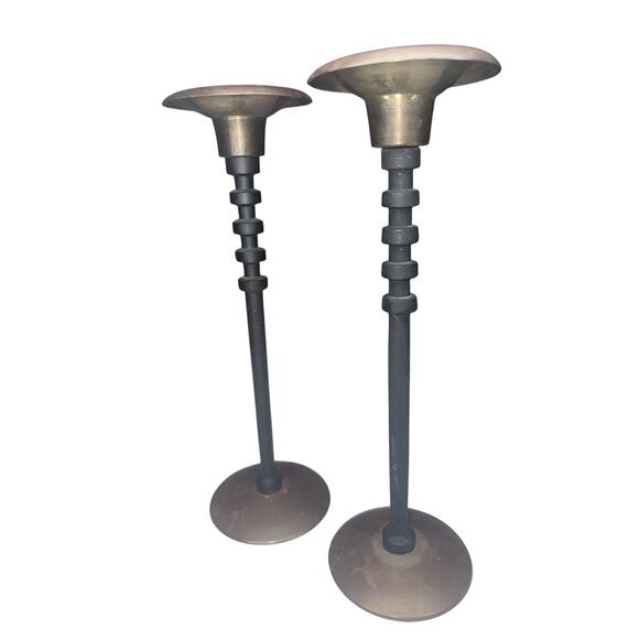 Pair of Vintage Mcm Gatco Brass And Black Candlestick 9 3/4 Inches Rare Design  - Picture 6 of 6